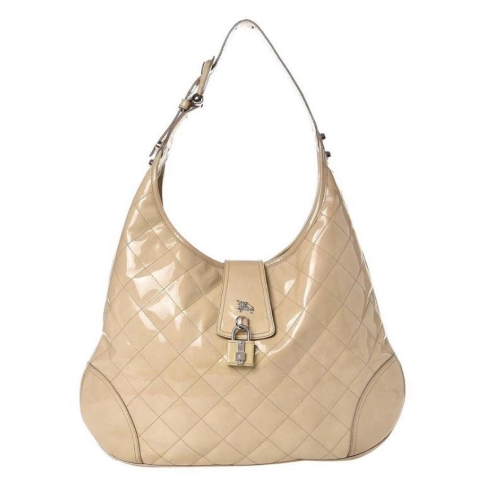 Burberry Quilted Brook Beige Patent Leather Hobo